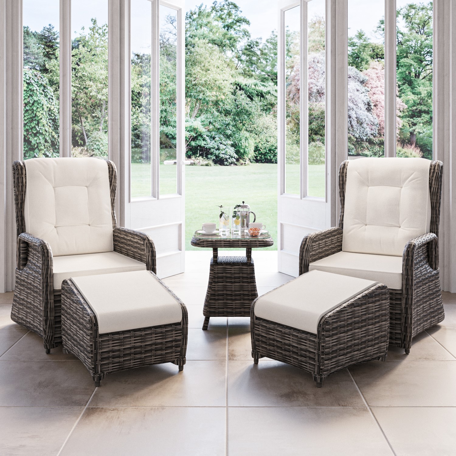 Read more about Brown rattan reclining garden sun lounger set with table and footstools aspen